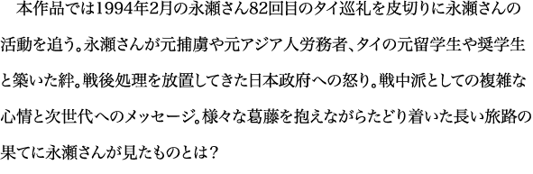 本作品では1994年2月の永瀬さん82回目のタイ巡礼を皮切りに永瀬さんの活動を追う。永瀬さんが元捕虜や元アジア人労務者、タイの元留学生や奨学生と築いた絆。戦後処理を放置してきた日本政府への怒り。戦中派としての複雑な心情と次世代へのメッセージ。様々な葛藤を抱えながらたどり着いた長い旅路の果てに永瀬さんが見たものとは？