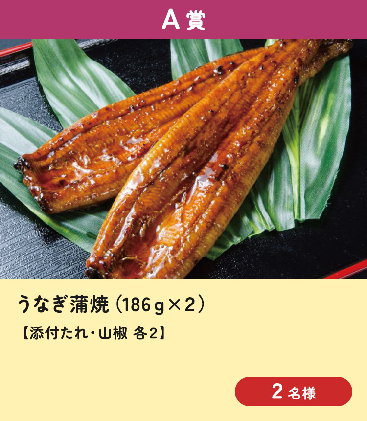 [A賞] うなぎ蒲焼 186g×2、添付たれ・山椒 各2